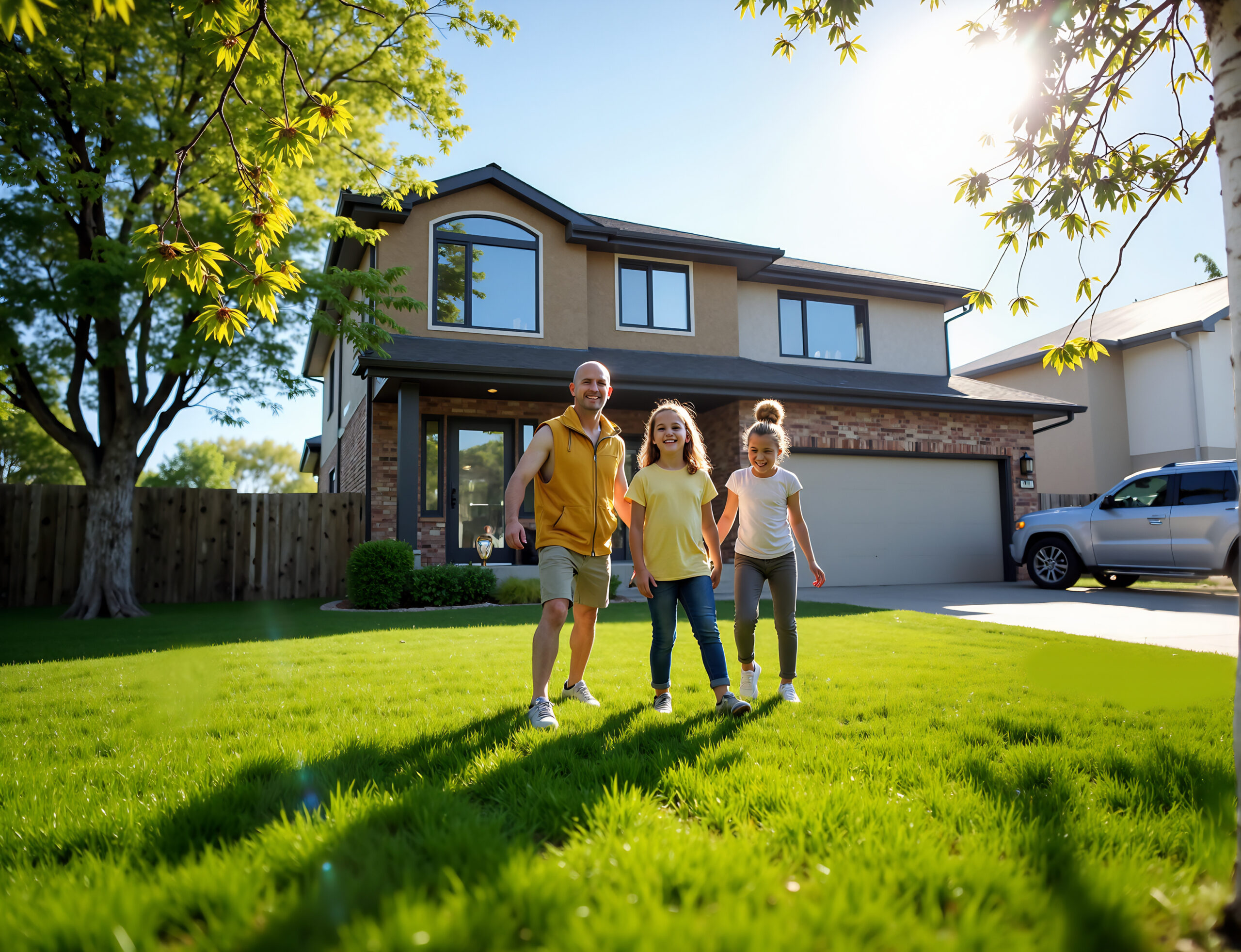 Father and two daughters smiling outside their new home in a family-friendly Winnipeg neighborhood