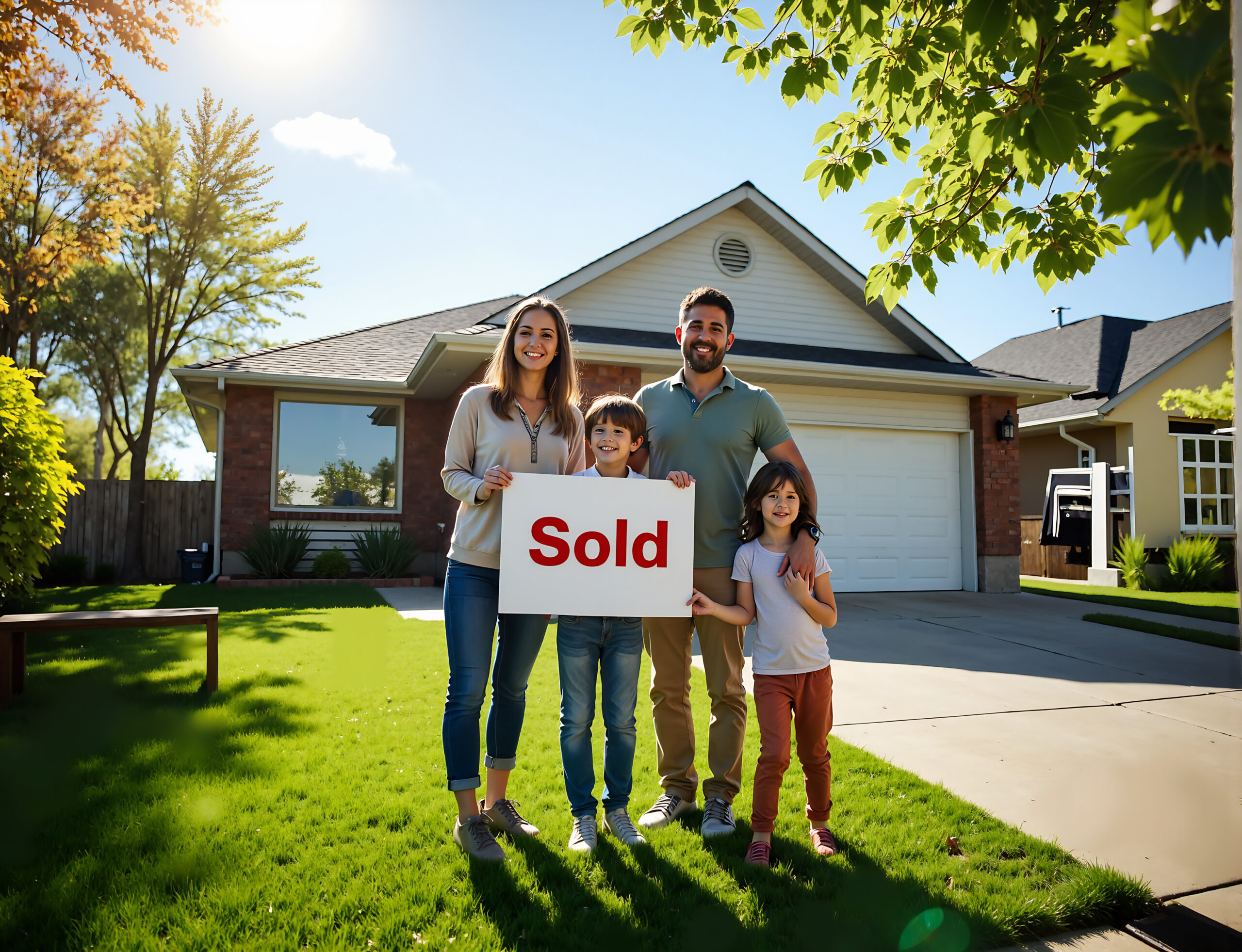 Happy family relocating to Winnipeg standing in front of their new suburban home with a sold sign